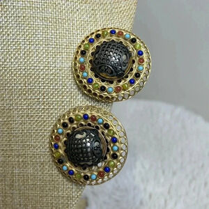 Vintage Statement Earrings / Shoe  Accents Gold Tone & Multicoloured